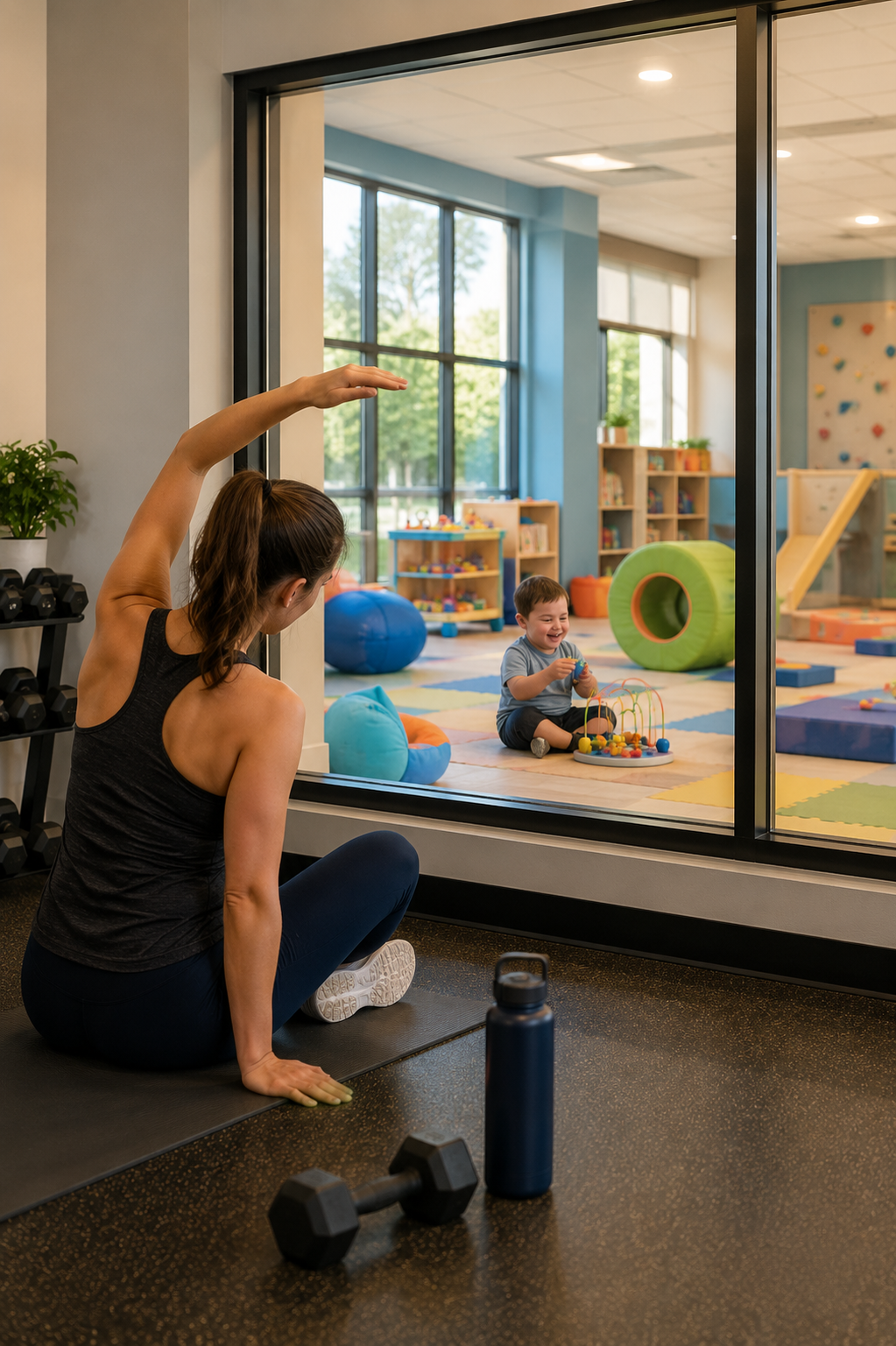 A person exercising beside a viewing window